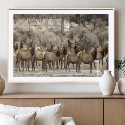 90269422-MGV-CV-36X24-Elk Herd Scene Wall Art Canvas Print, Framed Rustic Wildlife Decor Art Picture Print, Western Cabin Style Perfect Rustic Lodge