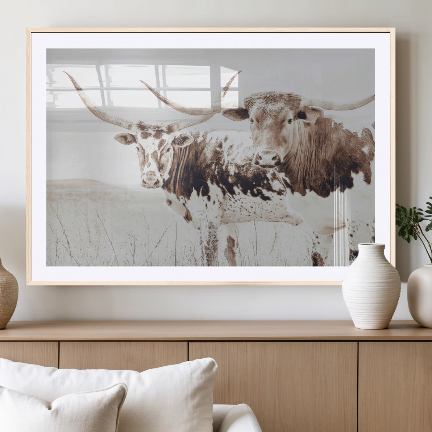 48161868-MGC-FP-36x24_Natural-Longhorn Cow Decor Wall Art Canvas Print, Framed Rustic Cattle Art Picture Print, Sepia Western Vibe Perfect Neutral Rustic
