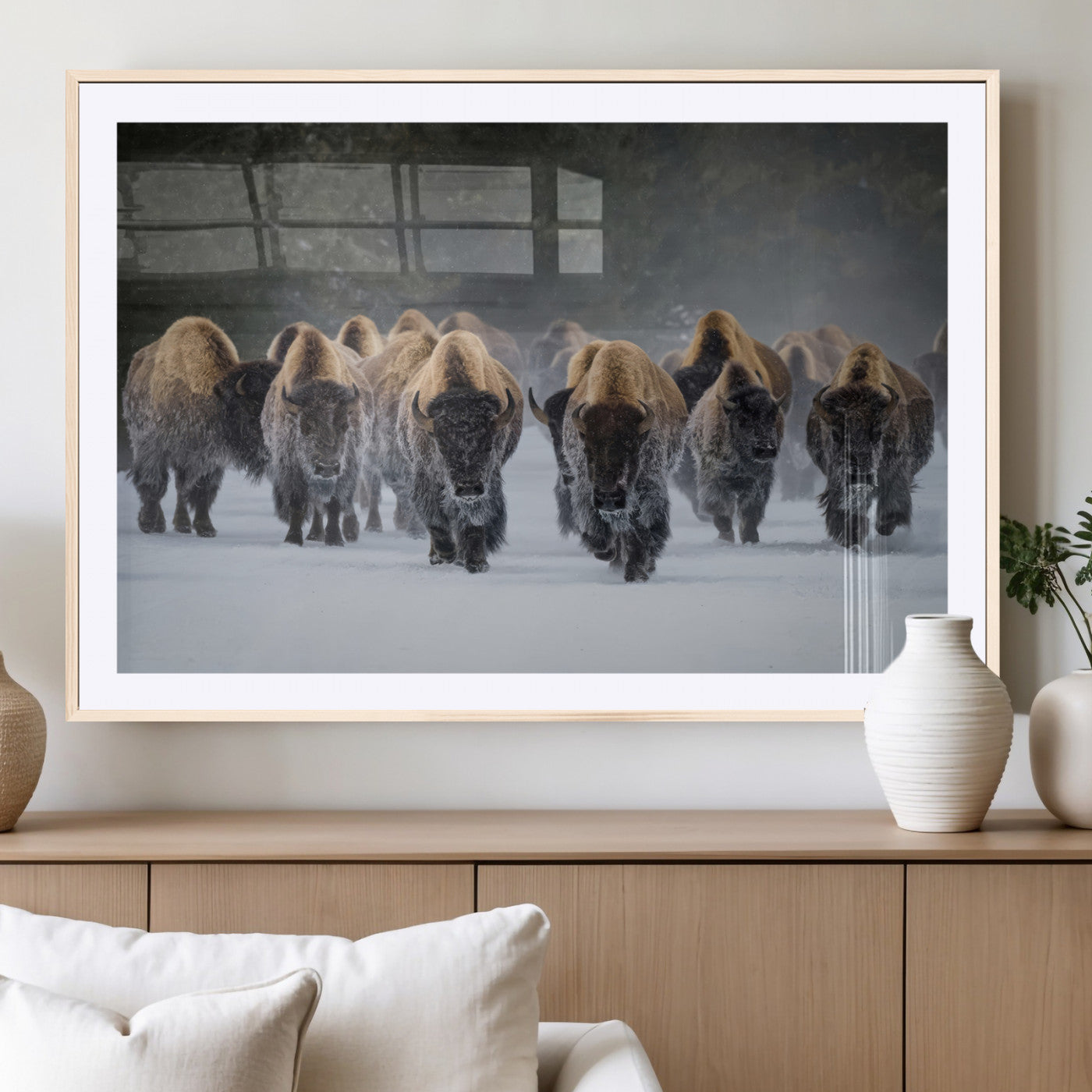 41669135-MGC-FP-36x24_Natural-Bison Herd Scene Wall Art Canvas Print, Framed Rustic Wildlife Decor Art Picture Print, Snowy Bison Landscape Perfect Rustic