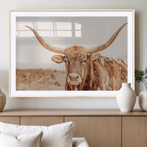 74406977-MGC-FP-36x24_Natural-Longhorn Bull Decor Wall Art Canvas Print, Framed Western Cow Theme Art Picture Print, Rustic Farmhouse Wall Perfect Neutral