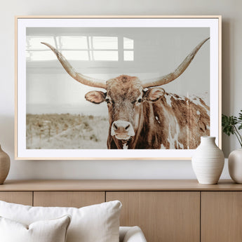 98924580-MGV-CV-36X24-Texas Longhorn Bull Wall Art Canvas Print, Framed Rustic Farmhouse Decor Art Picture Print, Western Animal Theme Perfect Rustic