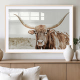 98924580-MGC-FP-36x24_Natural-Texas Longhorn Bull Wall Art Canvas Print, Framed Rustic Farmhouse Decor Art Picture Print, Western Animal Theme Perfect Rustic
