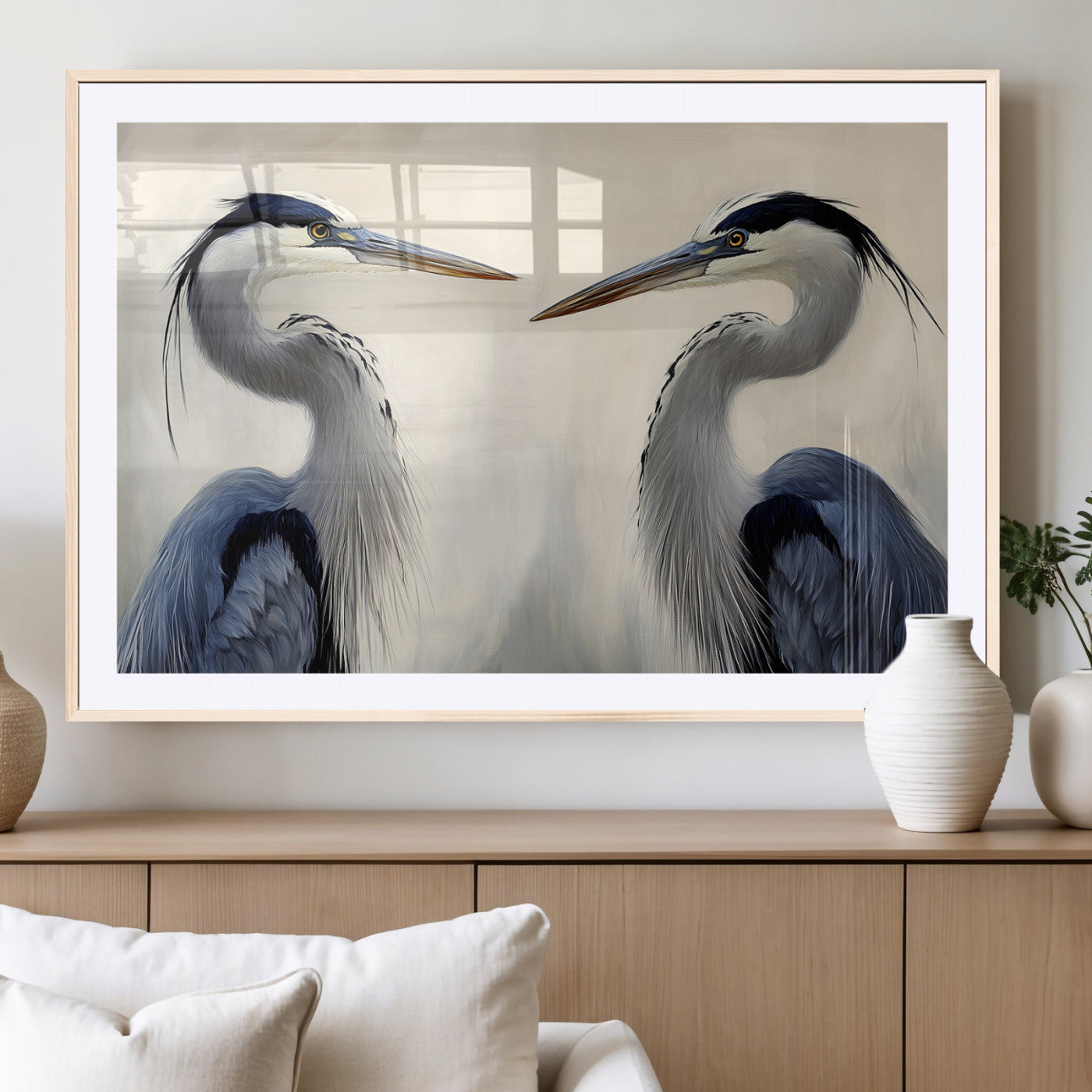 18230556-MGC-FP-36x24_Natural-Blue Heron Pair Wall Art Canvas Print, Framed Coastal Bird Theme Art Picture Print, Tranquil Wildlife Scene Perfect Coastal