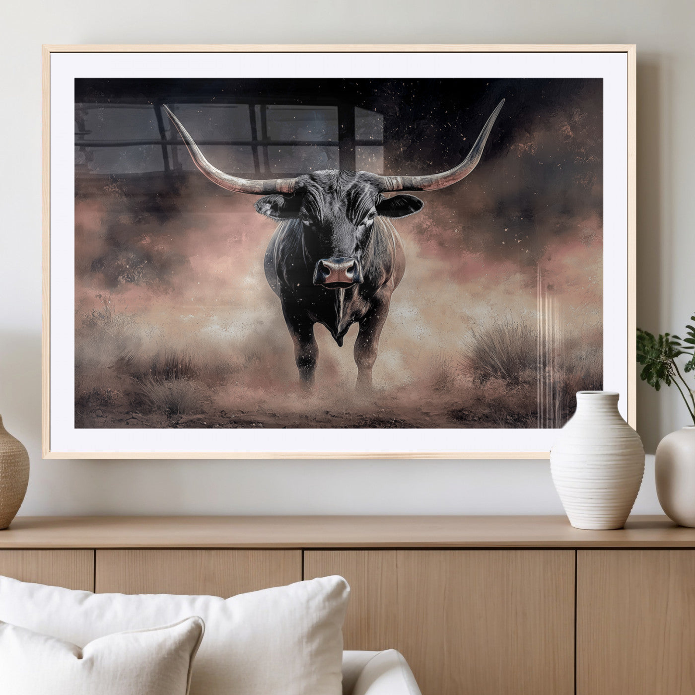 71457818-MGC-FP-36x24_Natural-Longhorn Wall Art Wall Art Canvas Print, Framed Western Bull Canvas Art Picture Print, Rustic Cow Decor Perfect Western Dramatic