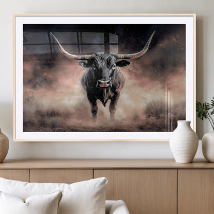 71457818-MGC-FP-36x24_Natural-Longhorn Wall Art Wall Art Canvas Print, Framed Western Bull Canvas Art Picture Print, Rustic Cow Decor Perfect Western Dramatic