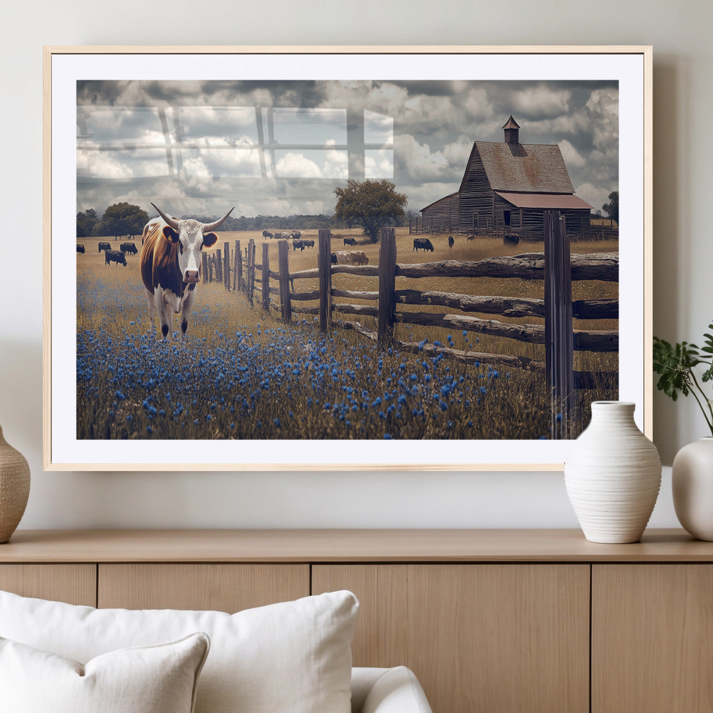 22296025-MGC-FP-36x24_Natural-Texas Longhorn Canvas Wall Art Canvas Print, Framed Rustic Barn Wall Art Art Picture Print, Farmhouse Cow Decor Perfect Rustic