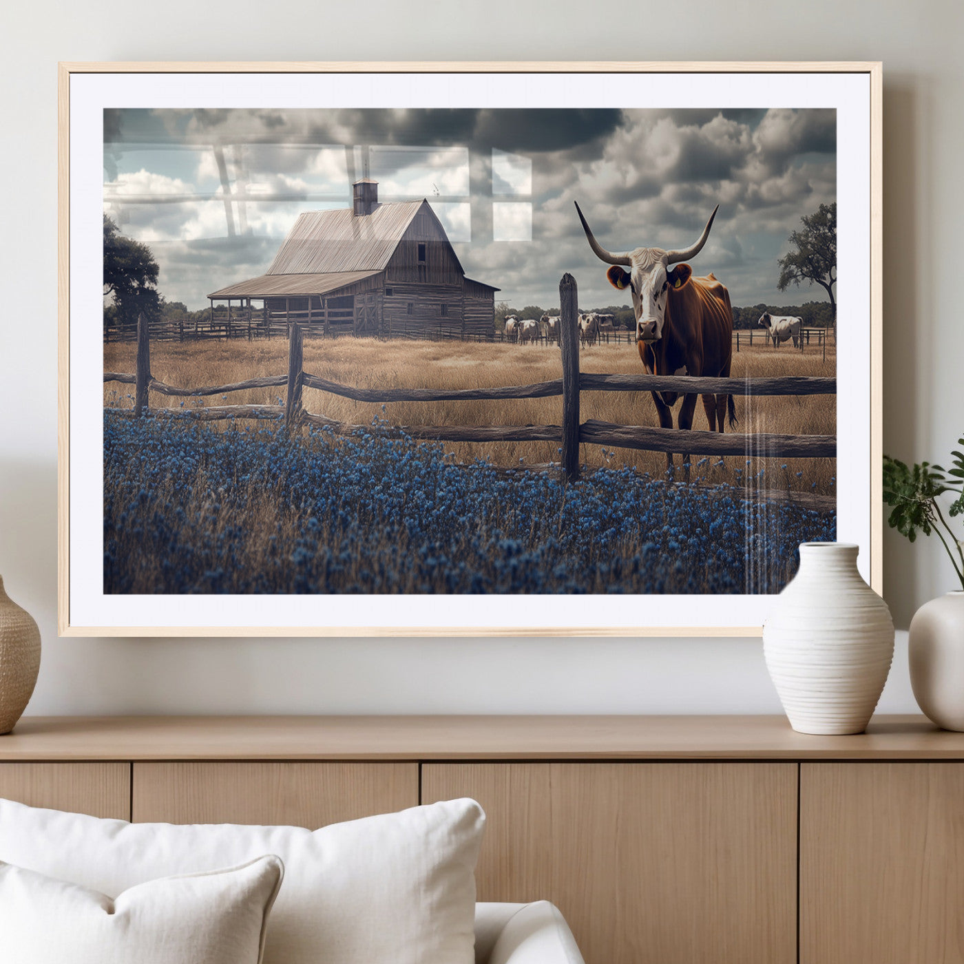 51092814-MGC-FP-36x24_Natural-Texas Longhorn Wall Art Wall Art Canvas Print, Framed Rustic Barn Canvas Art Picture Print, Farmhouse Cow Decor Perfect Rustic