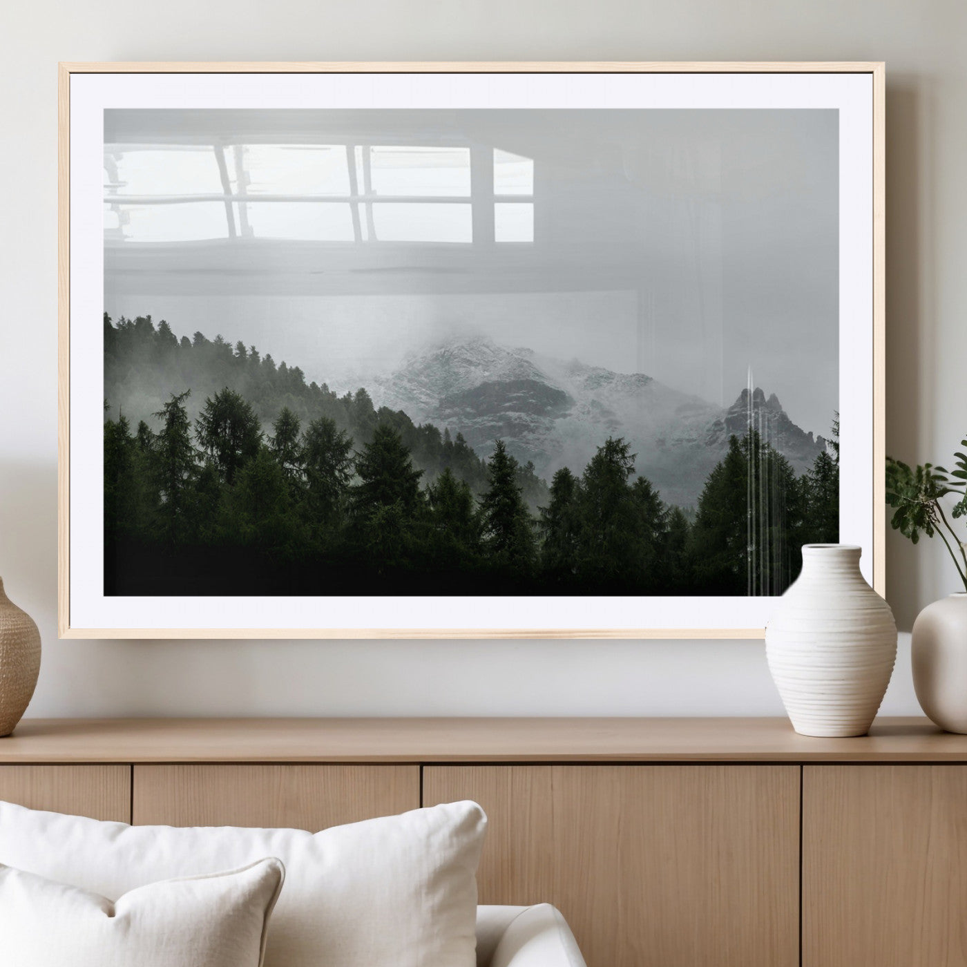 55968349-MGC-FP-36x24_Natural-Misty Mountains Wall Art Canvas Print, Framed Foggy Forest Art Picture Print, Snowy Peaks Perfect Moody Wilderness Decor Artwork