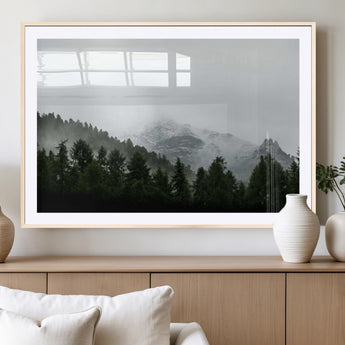 55968349-MGC-FP-36x24_Natural-Misty Mountains Wall Art Canvas Print, Framed Foggy Forest Art Picture Print, Snowy Peaks Perfect Moody Wilderness Decor Artwork