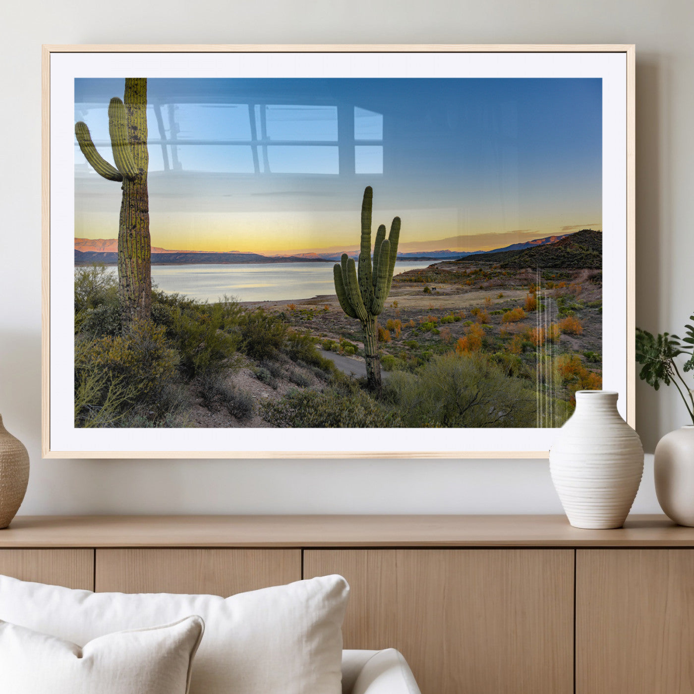 52844711-MGC-FP-36x24_Natural-Saguaro Cactus Wall Art Canvas Print, Framed Desert Sunset Art Picture Print, Southwestern Scene Perfect Southwestern Rustic Decor