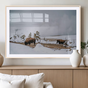 60308289-MGC-FP-36x24_Natural-Bison Wildlife Wall Art Canvas Print, Framed Snowy Prairie Art Picture Print, Western Landscape Perfect Rustic Winter Decor