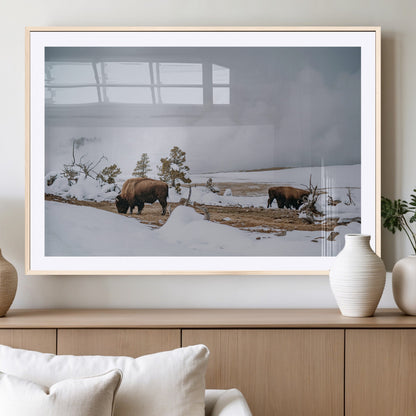60308289-MGC-FP-36x24_Natural-Bison Wildlife Wall Art Canvas Print, Framed Snowy Prairie Art Picture Print, Western Landscape Perfect Rustic Winter Decor