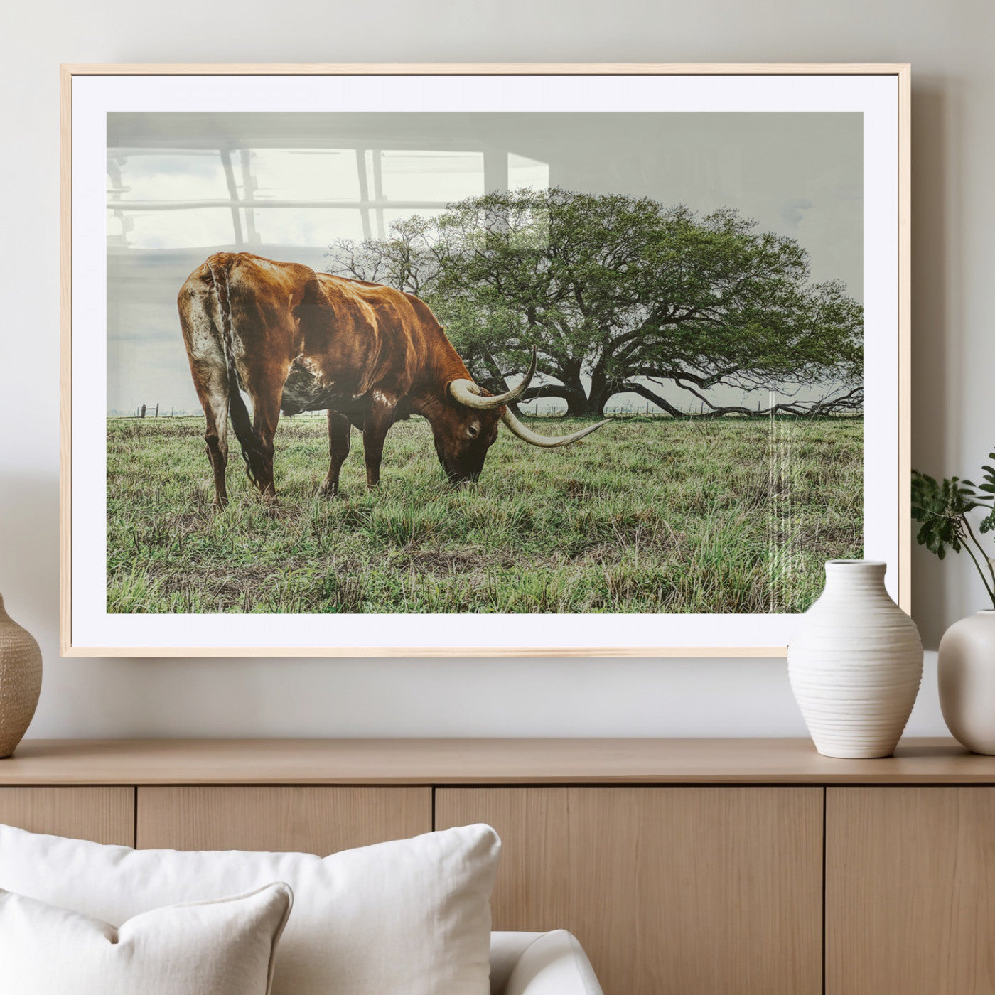 91866234-MGC-FP-36x24_Natural-Texas Longhorn Wall Art Canvas Print, Framed Rustic Ranch Art Picture Print, Western Cattle Perfect Rustic Farmhouse Decor Artwork