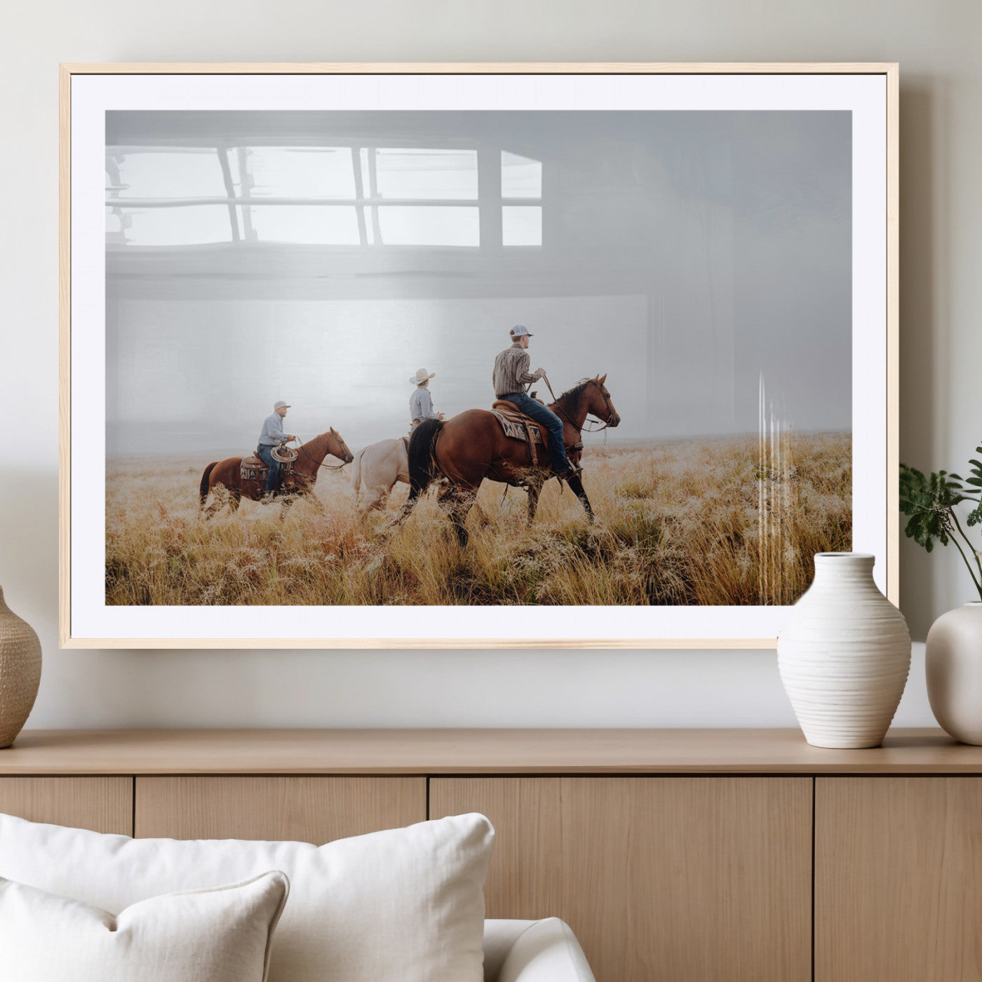 94723307-MGC-FP-36x24_Natural-Western Cowboys Wall Art Canvas Print, Framed Rustic Prairie Art Picture Print, Horseback Riding Perfect Rustic Western Decor