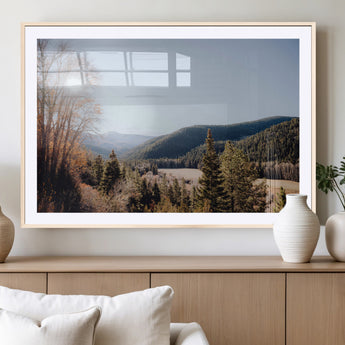 52941305-MGC-FP-36x24_Natural-Rustic Landscape Wall Art Canvas Print, Framed Serene Valley Art Picture Print, Pine Tree Horizon Perfect Rustic Cabin Decor