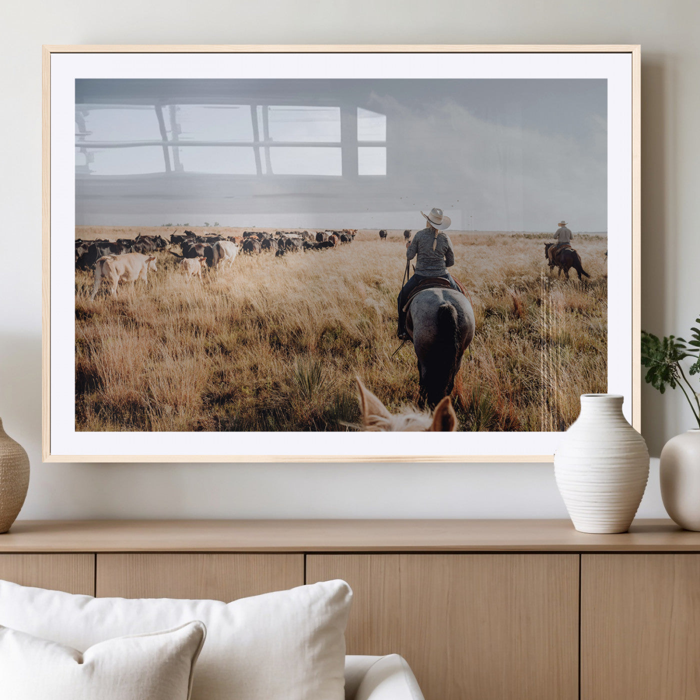 22431577-MGC-FP-36x24_Natural-Western Wall Art Wall Art Canvas Print, Framed Cowboy Canvas Art Picture Print, Cattle Drive Scene Perfect Rustic Western Decor