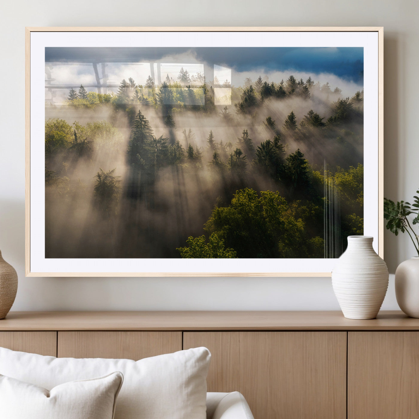 14785710-MGC-FP-36x24_Natural-Tranquil Forest Scene Wall Art Canvas Print, Framed Sunbeam Through Trees Art Picture Print, Moody Green Wall Art Perfect