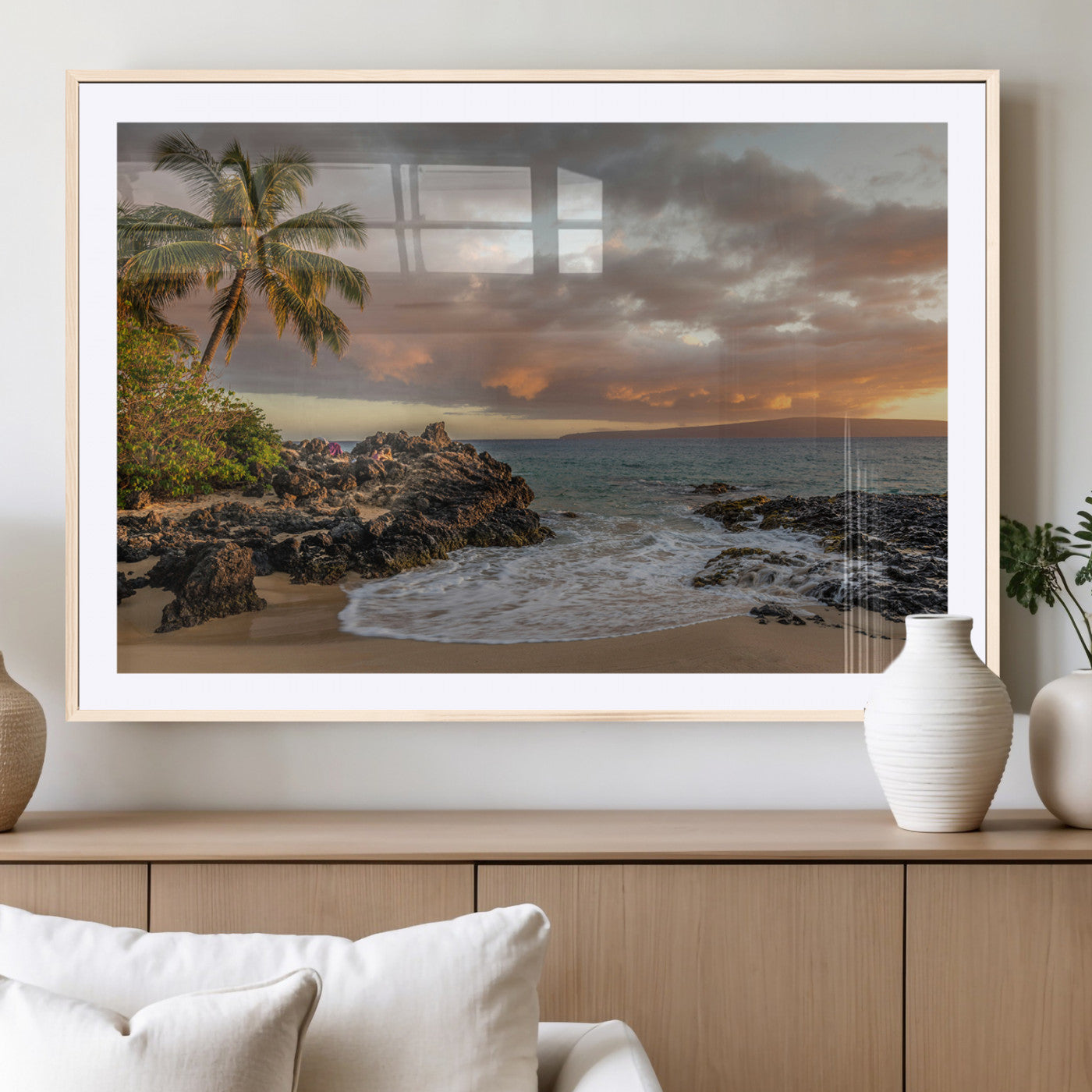 55108220-MGC-FP-36x24_Natural-Tropical Beach Wall Art Canvas Print, Framed Hawaiian Sunset Art Picture Print, Ocean Waves Perfect Coastal Tropical Decor Artwork