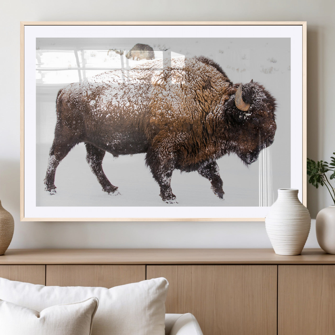 94261165-MGC-FP-36x24_Natural-Snowy Buffalo Wall Art Canvas Print, Framed Wildlife Photography Art Picture Print, Brown Tones Perfect Rustic Lodge Decor Decor