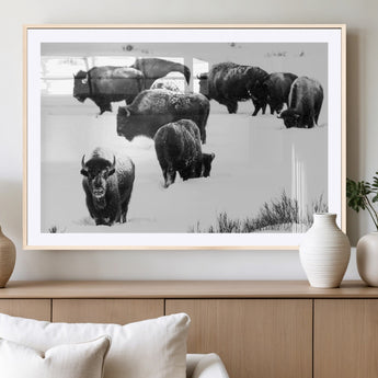 18914414-MGC-FP-36x24_Natural-Buffalo Herd Wall Art Canvas Print, Framed Black and White Art Picture Print, Snowy Landscape Perfect Rustic Lodge Decor Decor