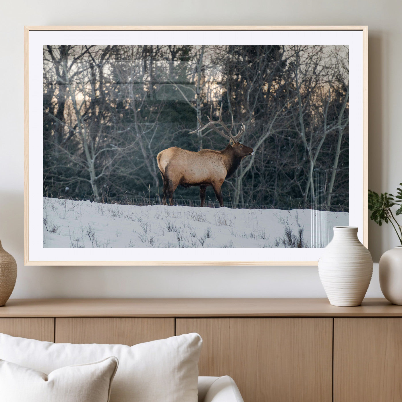 36533178-MGC-FP-36x24_Natural-Wild Elk Photography Wall Art Canvas Print, Framed Winter Wildlife Art Picture Print, Snowy Forest Perfect Rustic Lodge Decor