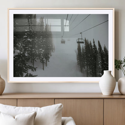 87018452-MGC-FP-36x24_Natural-Ski Lift Wall Art Canvas Print, Framed Snowy Pines Art Picture Print, Misty Landscape Perfect Winter Serenity Decor Artwork