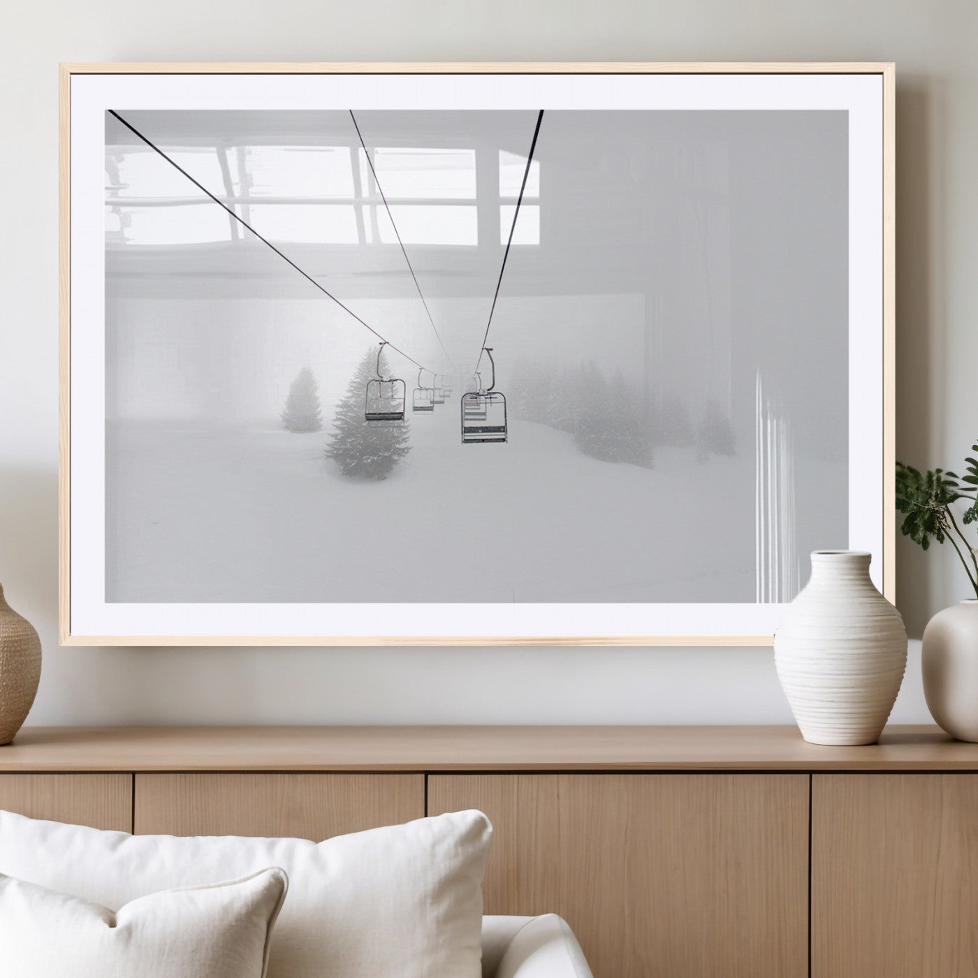 20216390-MGC-FP-36x24_Natural-Ski Lift Wall Art Canvas Print, Framed Snowy Landscape Art Picture Print, Alpine Adventure Perfect Nordic Minimalist Decor Artwork