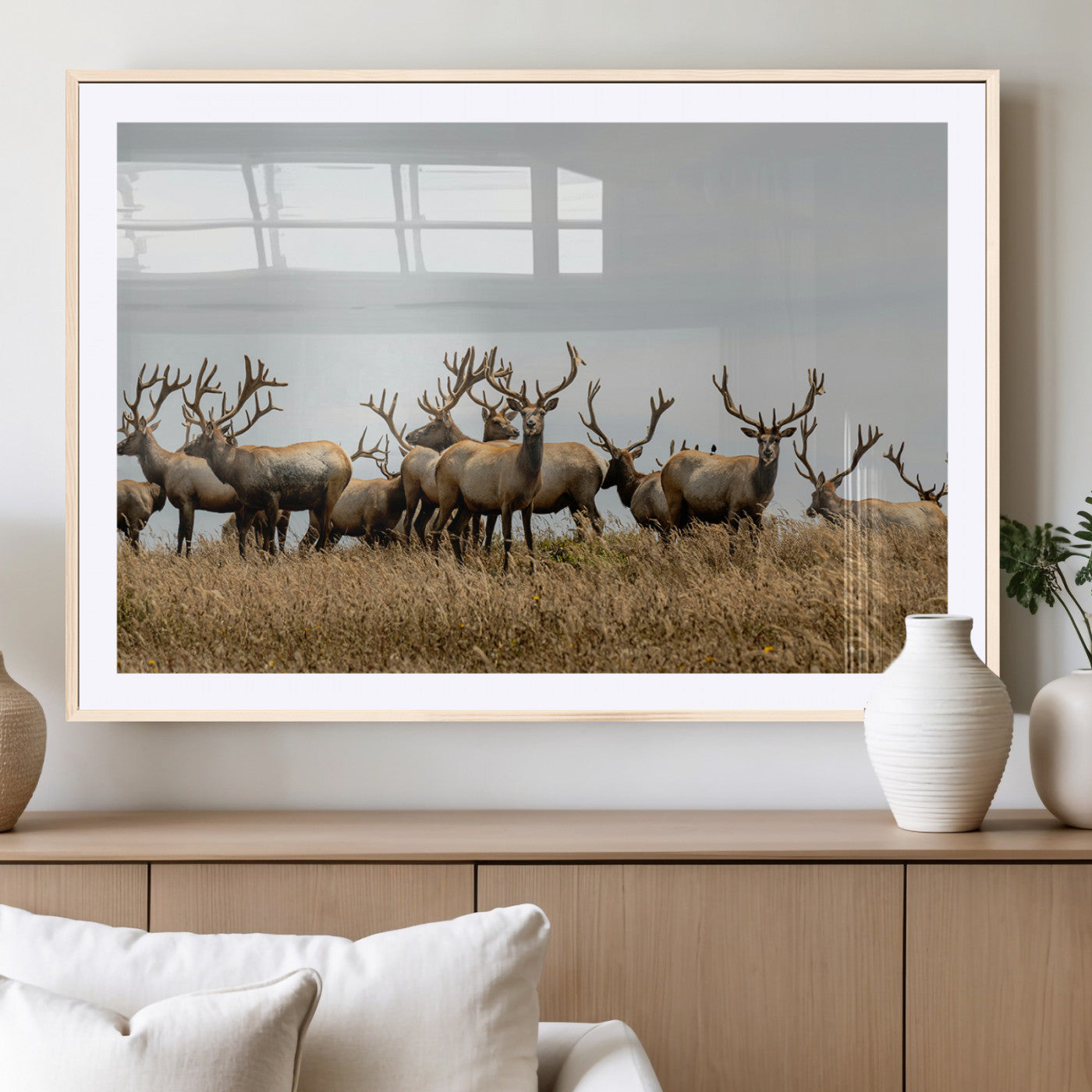 42170220-MGC-FP-36x24_Natural-Elk Herd Wall Art Canvas Print, Framed Wildlife Photography Art Picture Print, Majestic Antlers Perfect Rustic Wildlife Decor