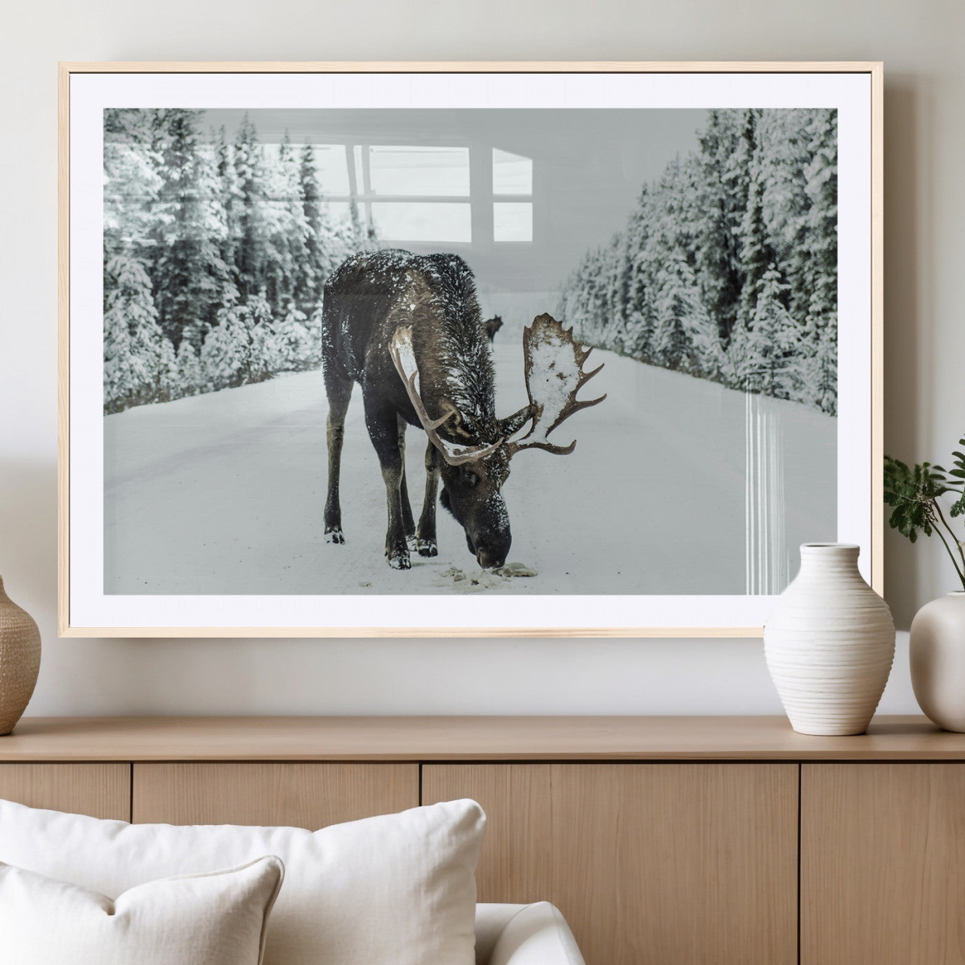 13316292-MGC-FP-36x24_Natural-Moose in Snow Wall Art Canvas Print, Framed Winter Wildlife Art Picture Print, Snowy Forest Scene Perfect Rustic Lodge Decor