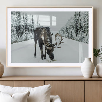 13316292-MGC-FP-36x24_Natural-Moose in Snow Wall Art Canvas Print, Framed Winter Wildlife Art Picture Print, Snowy Forest Scene Perfect Rustic Lodge Decor