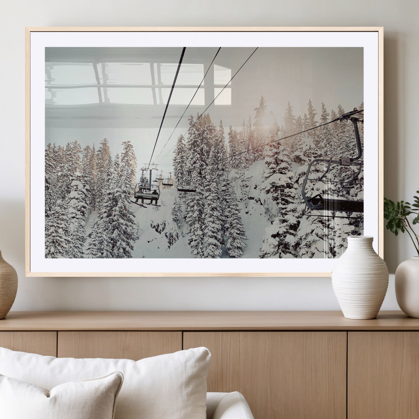 91534512-MGC-FP-36x24_Natural-Frosty Pines Wall Art Canvas Print, Framed Cozy Cabin View Art Picture Print, Ski Lift Ride Perfect Rustic Lodge Decor Artwork