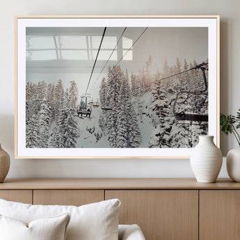 91534512-MGC-FP-36x24_Natural-Frosty Pines Wall Art Canvas Print, Framed Cozy Cabin View Art Picture Print, Ski Lift Ride Perfect Rustic Lodge Decor Artwork