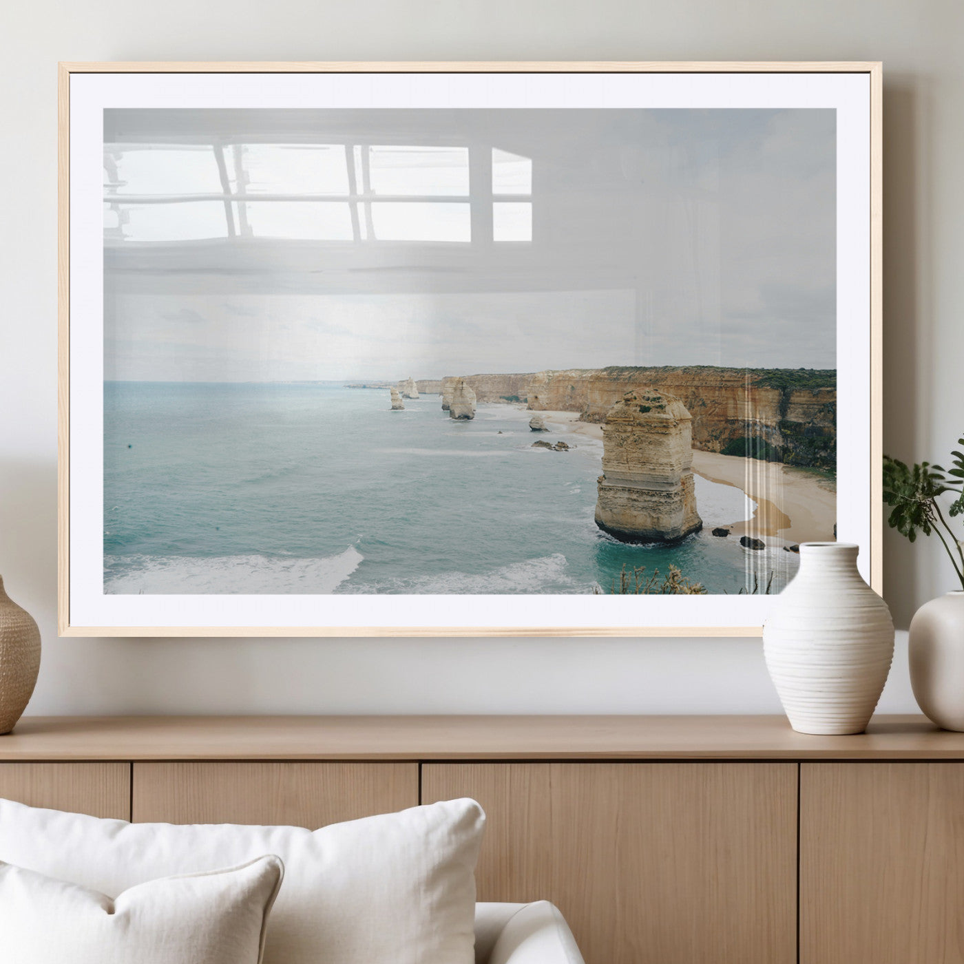 70095633-MGC-FP-36x24_Natural-Twelve Apostles Wall Art Canvas Print, Framed Coastal Cliffs Art Picture Print, Rugged Rock Formations Perfect Minimalist Coastal