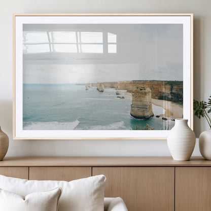 70095633-MGC-FP-36x24_Natural-Twelve Apostles Wall Art Canvas Print, Framed Coastal Cliffs Art Picture Print, Rugged Rock Formations Perfect Minimalist Coastal