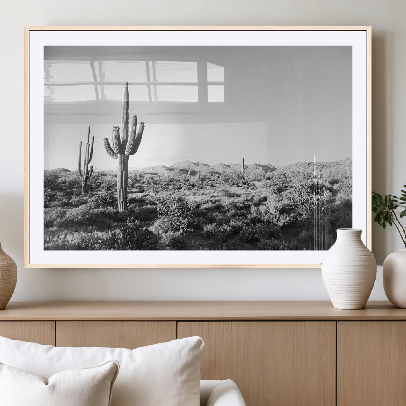 85205054-MGC-FP-36x24_Natural-Saguaro Cactus Wall Art Canvas Print, Framed Monochrome Landscape Art Picture Print, Scenic Arizona View Perfect Minimalist