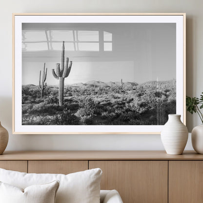 85205054-MGC-FP-36x24_Natural-Saguaro Cactus Wall Art Canvas Print, Framed Monochrome Landscape Art Picture Print, Scenic Arizona View Perfect Minimalist