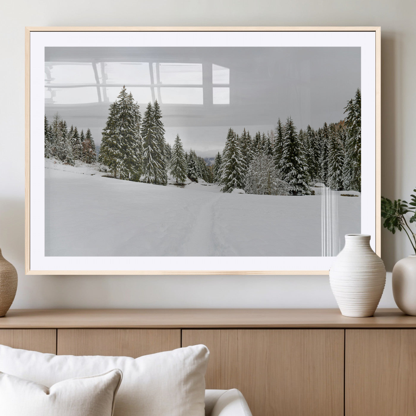 24581417-MGC-FP-36x24_Natural-Frosty Pines Wall Art Canvas Print, Framed Silent Snowfall Art Picture Print, Cozy Cabin Vibes Perfect Nordic Minimalist Decor
