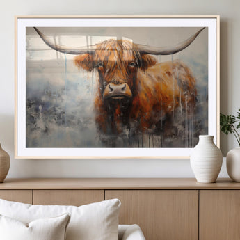 X61001-MGC-FP-36x24_Natural-Scottish Highland Wall Art Canvas Print, Framed Longhorn Art Picture Print, Western Cow Perfect Farmhouse Decor Artwork