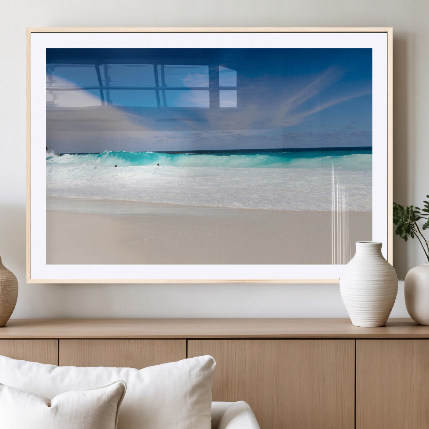 55017356-MGV-CV-36X24-Ocean Beach Wall Art – Turquoise Wave and White Sand Shoreline Canvas Print, Coastal Seascape Photography Decor for Living Room,