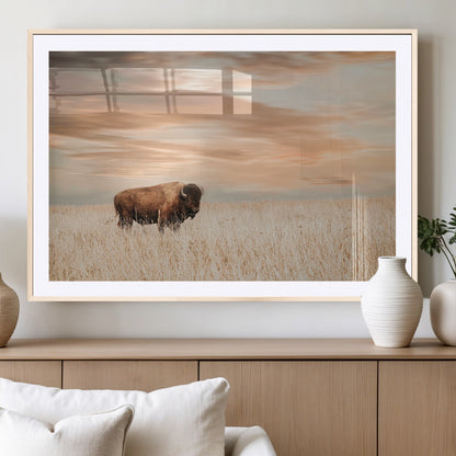20306324-MGC-FP-36x24_Natural-Bison Wall Art – Lone American Buffalo Prairie Sunset Canvas Print, Rustic Western Wildlife Photography Decor for Living Room,