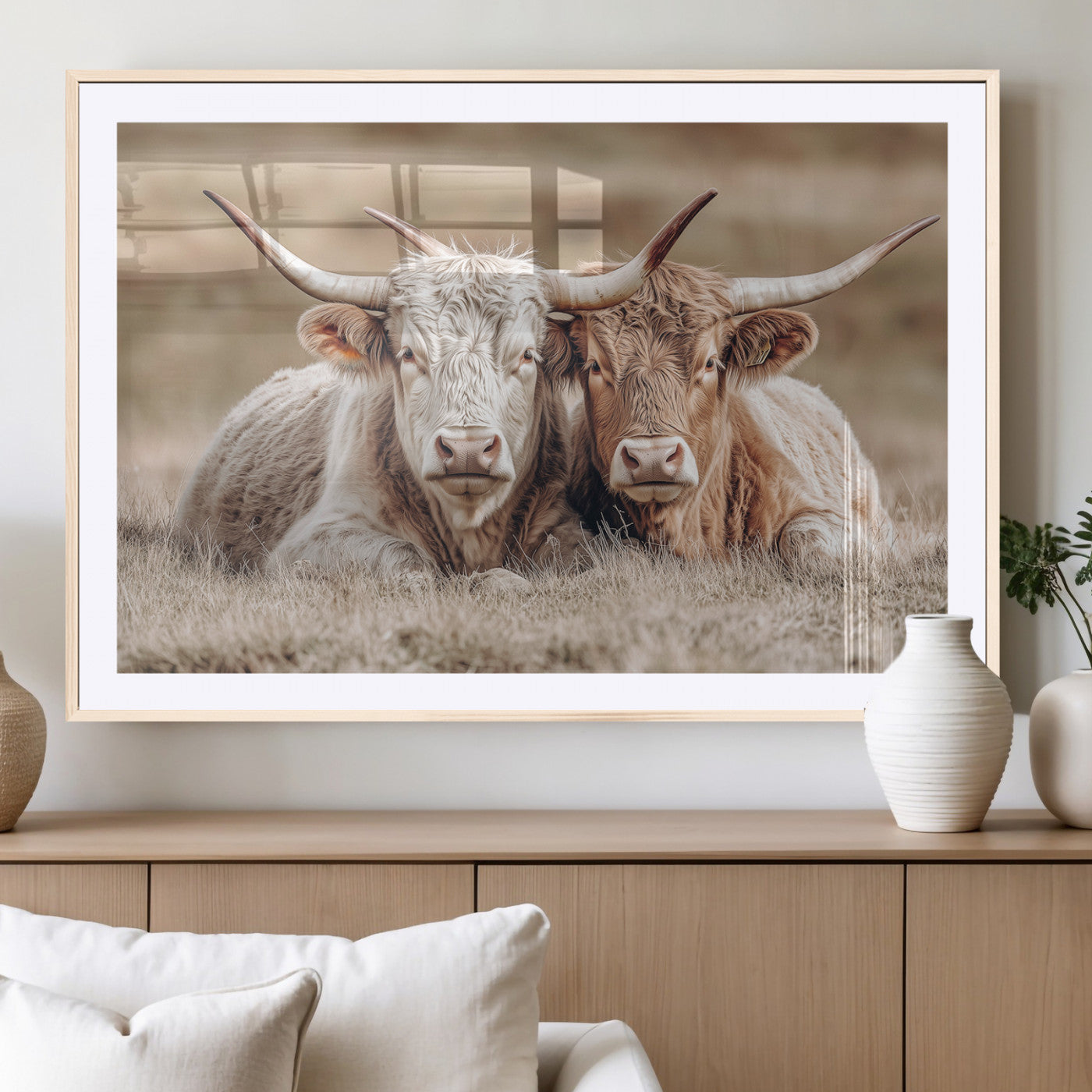 38651722-MGC-FP-36x24_Natural-Cow Wall Art – Rustic Longhorn Pair Canvas Print, Western Farmhouse Animal Painting, Country Ranch Decor for Living Room, Bedroom,