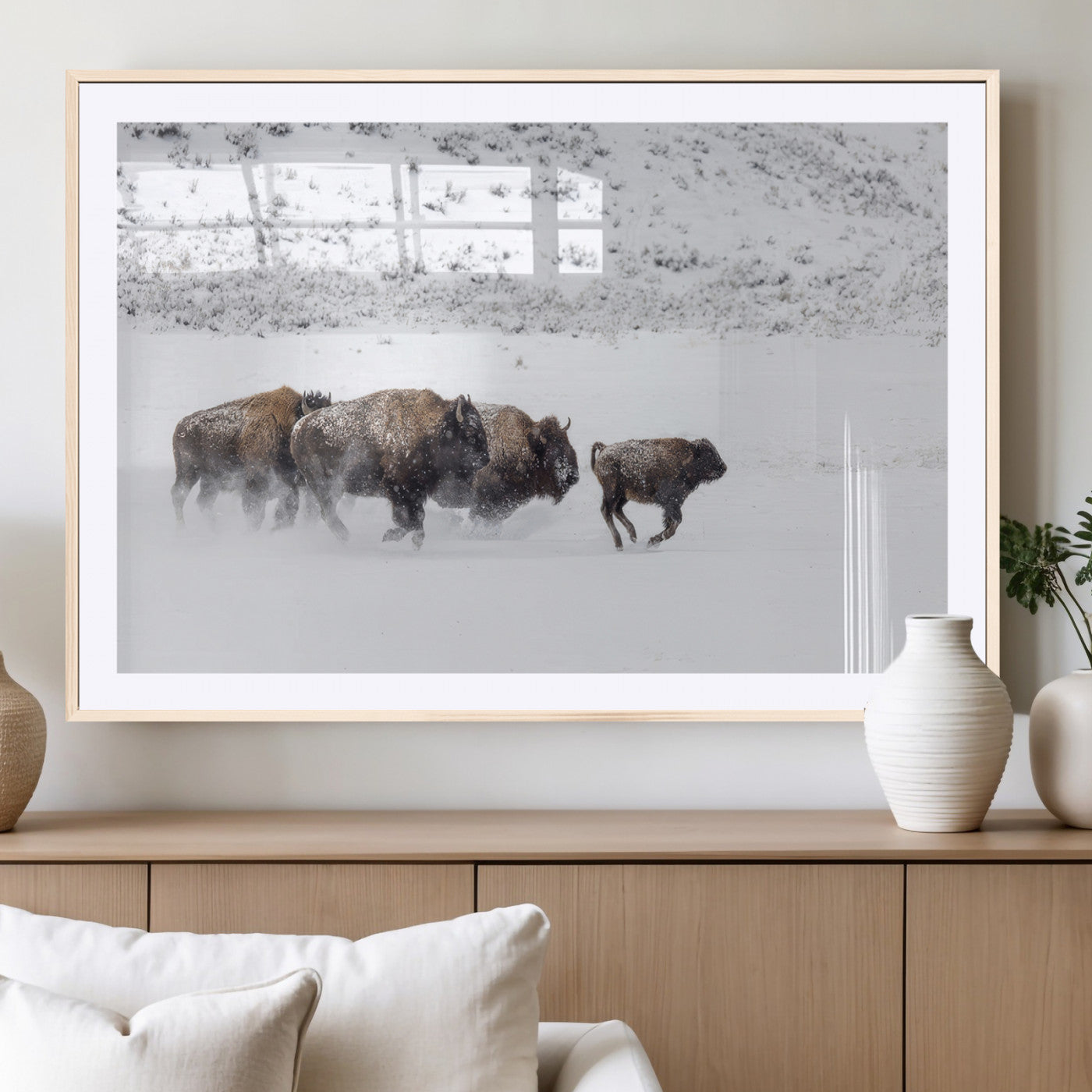 61161423-MGC-FP-36x24_Natural-Running Bison Herd Wall Art – Winter Buffalo Canvas Print, Wildlife Photography Decor for Rustic Living Room, Farmhouse, Lodge,