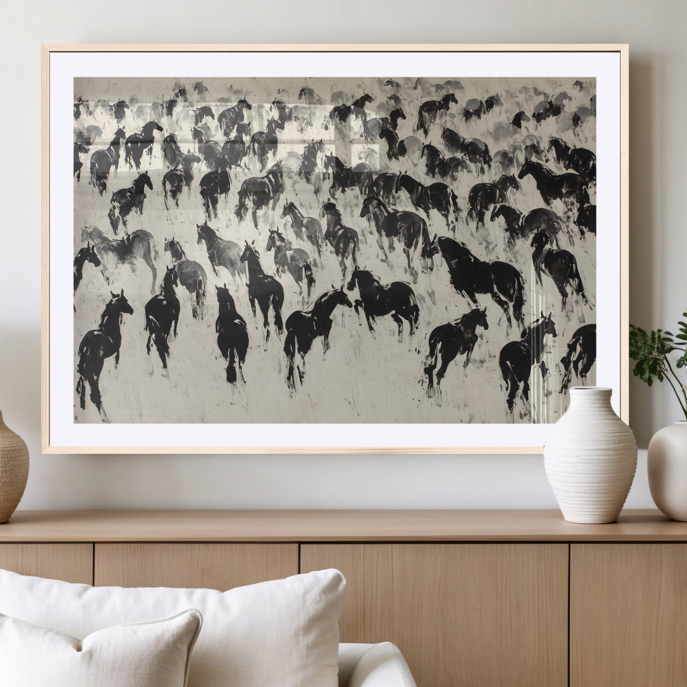 29265745-MGV-CV-36X24-Wild Horse Herd Wall Art – Black and White Galloping Horses Canvas Print, Rustic Western Farmhouse Décor for Living Room, Bedroom,