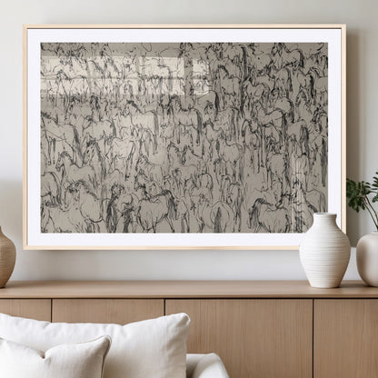 12358908-MGV-CV-36X24-Horse Herd Sketch Wall Art – Abstract Wild Horses Line Drawing Canvas Print, Rustic Western Style Equestrian Decor for Living