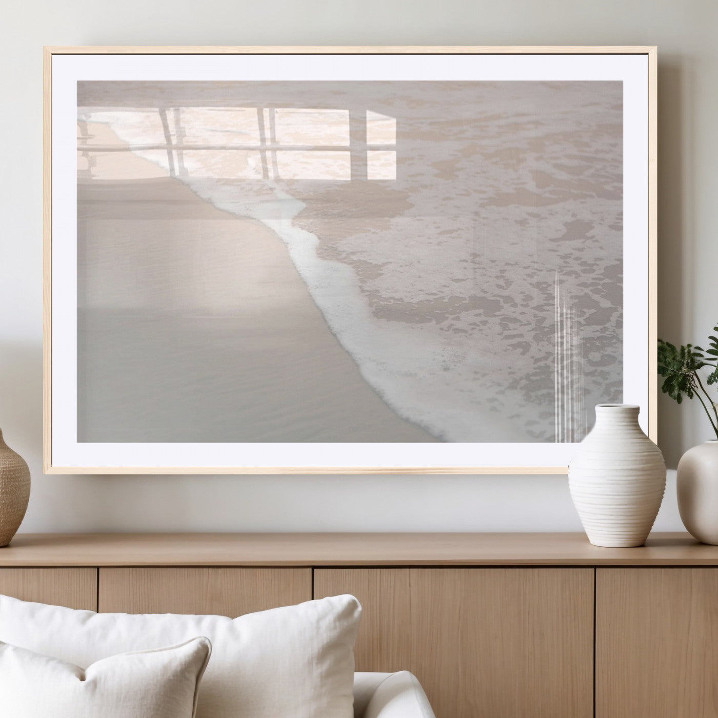 28414510-MGV-CV-36X24-Ocean Shoreline Wall Art – Minimal Coastal Beach Canvas Print, Soft Sea Foam and Sand Photography Artwork, Relaxing Nautical Decor