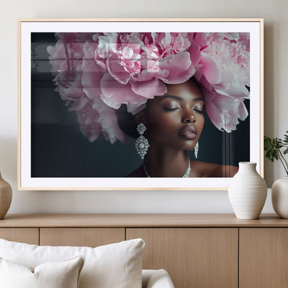 35482880-MGV-CV-36X24-Floral Portrait Wall Art – Elegant Woman with Pink Peony Headpiece Canvas Print, Luxury Fashion Inspired Artwork, Modern Glam