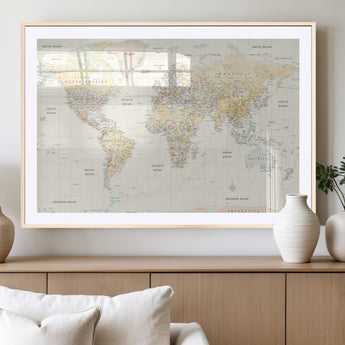 40660043-MGV-CV-36X24-World Map Wall Art – Large Detailed Atlas Style Map Print with Countries, Cities, and Oceans, Neutral Beige and Tan Educational
