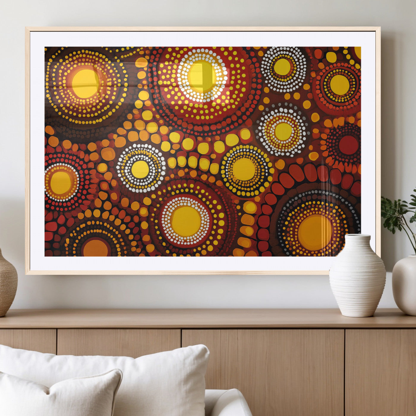 81120549-MGV-CV-36X24-Abstract Dot Painting Wall Art – Vibrant Tribal Boho Style Canvas Print with Sunburst Mandala Circles in Warm Red, Yellow, Orange