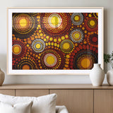 81120549-MGV-CV-36X24-Abstract Dot Painting Wall Art – Vibrant Tribal Boho Style Canvas Print with Sunburst Mandala Circles in Warm Red, Yellow, Orange