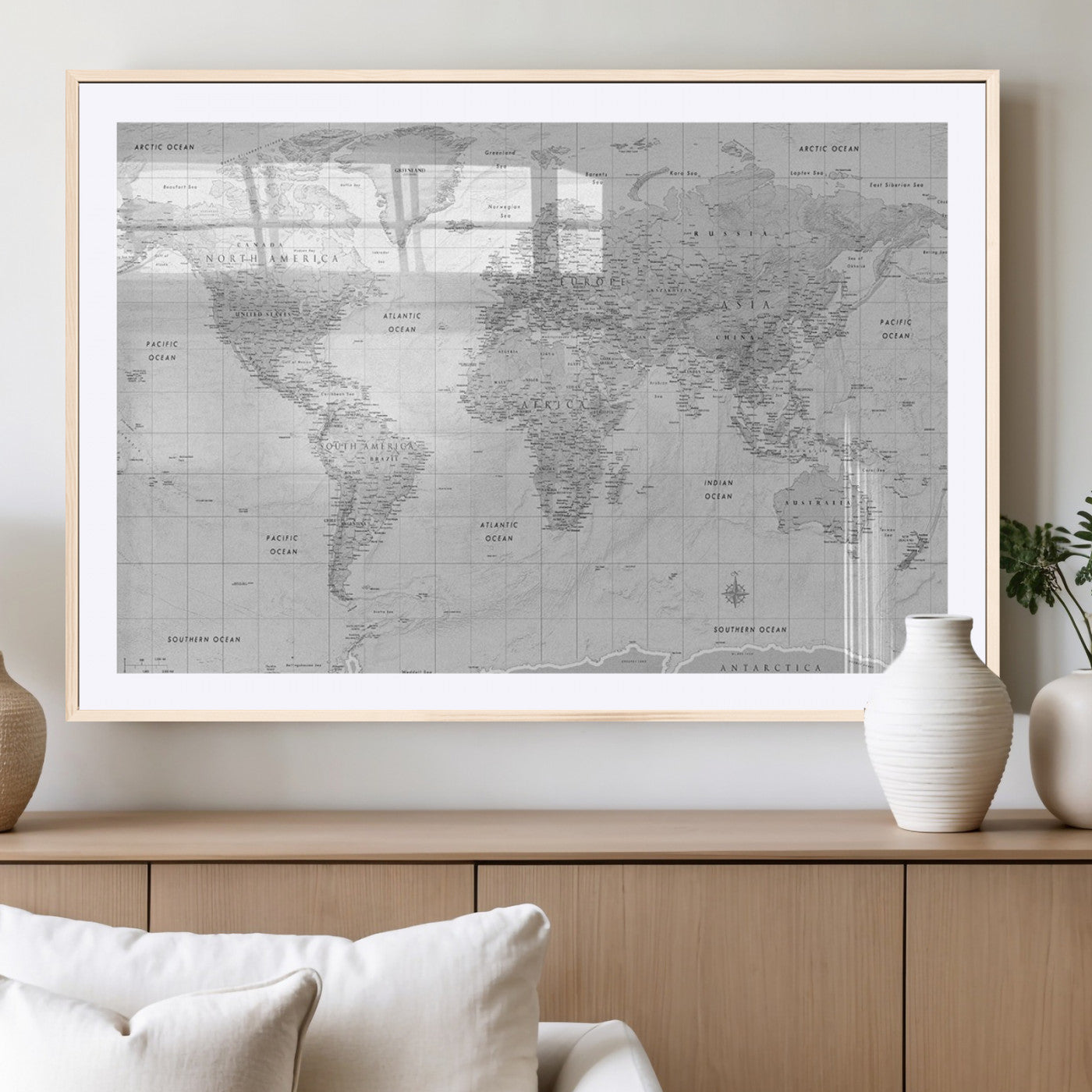 10516725-MGV-CV-36X24-Black and White World Map Wall Art – Minimalist Grayscale Canvas Print – Modern Detailed Travel Map Poster for Home, Office, or